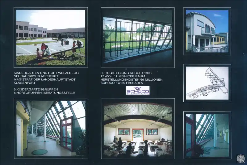 Auf dem Bild sind mehere kleine Bilder mit Innen- und Außenansichten des Kindergartens und Horts Rilkestraße  in Welzenegg in Klagenfurt zu sehen